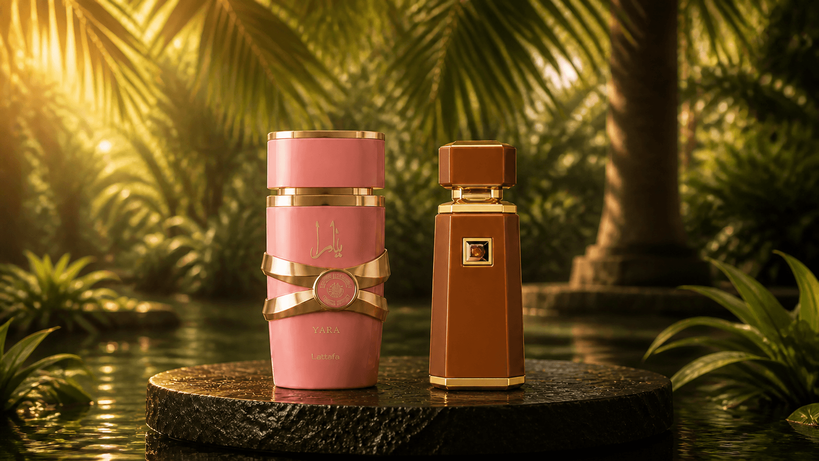 Yara Elixir y Liquid Brun en una composición inspirada en un oasis